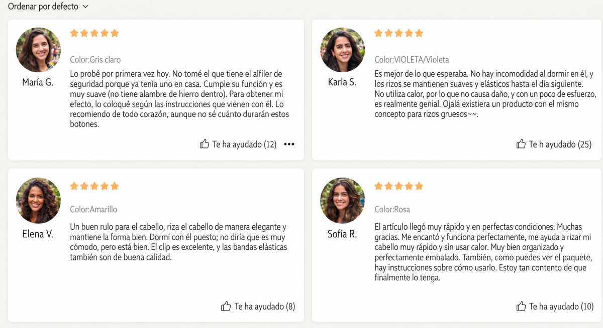Captura de cuatro opiniones compartida como referencia; no son compras verificadas en Velnora